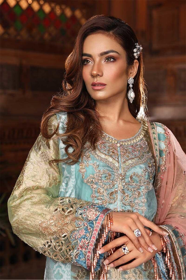 Pakistani fancy party dress in powder blue and coral color # P2251