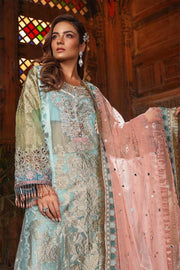 Pakistani fancy party dress in powder blue and coral color # P2251