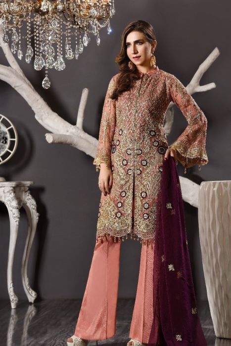 peach and brown colour combination dress Cotton mal Fabrics Long Kurti With Dupatta In Peach Color With Embroidery