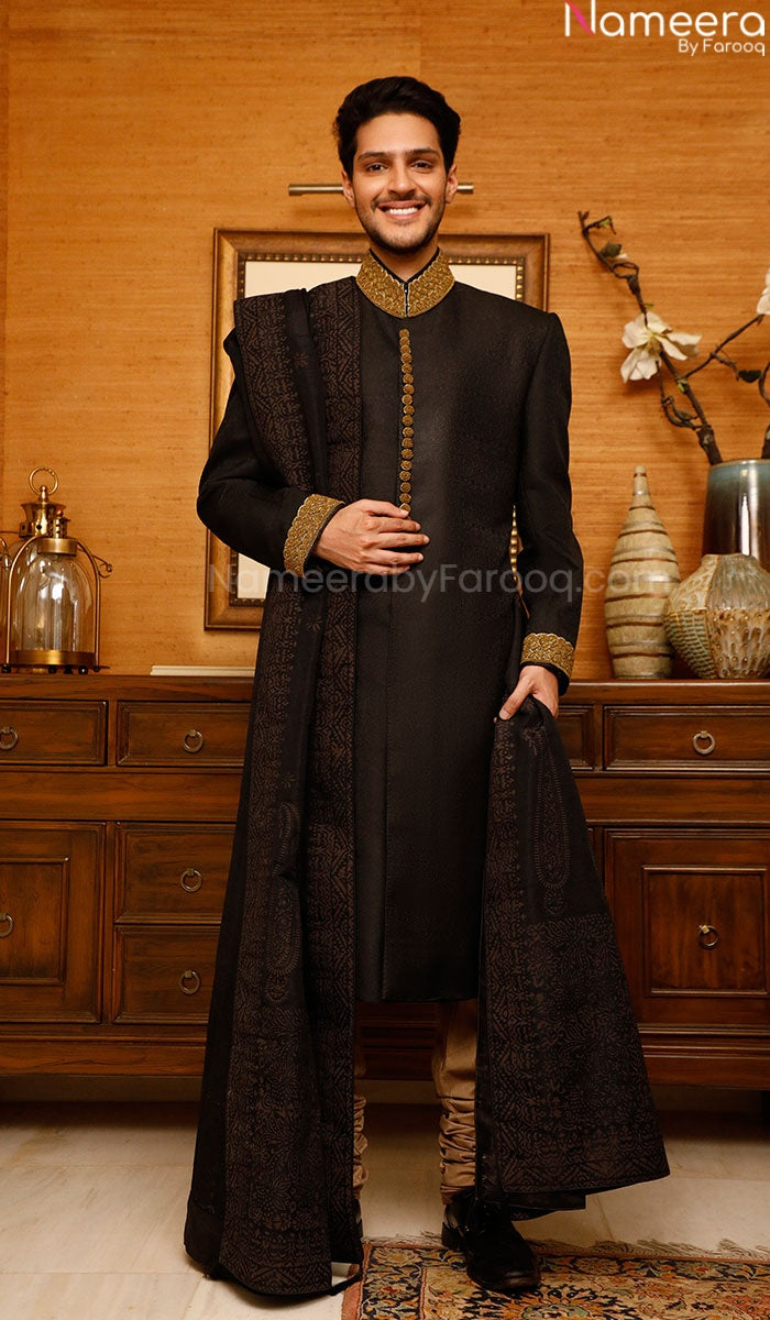 Designer Pakistani Groom Dress in Black Sherwani Online 2021