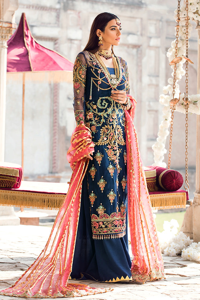 Latest designer embroidered party net dress in lavish blue color
