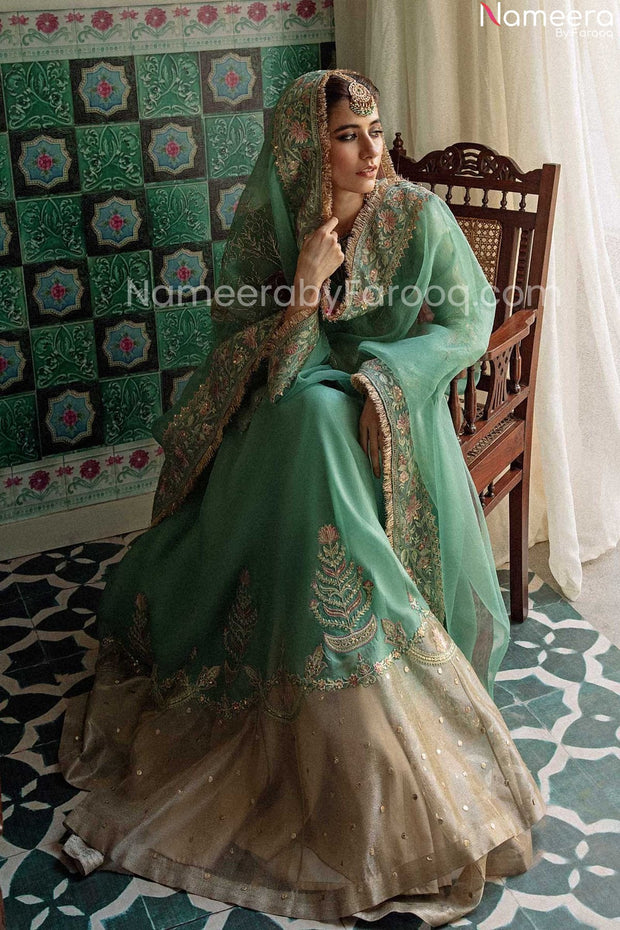 peach and sea green lehenga