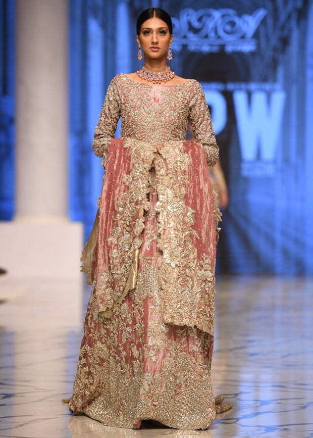 Latest pink embroidered Pakistani bridal dress on net fabric  # B3372