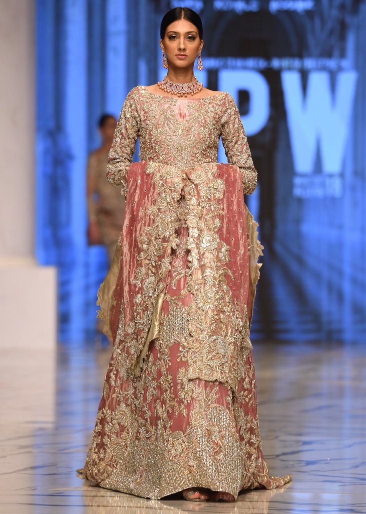 Pink embroidered Pakistani bridal dress on net fabric Nameera by