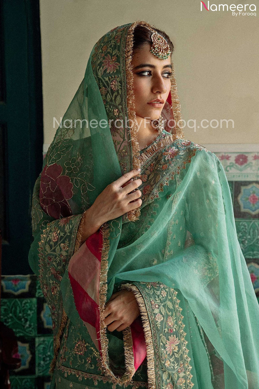 pink and sea green lehenga 