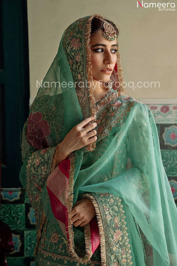 pink and sea green lehenga 