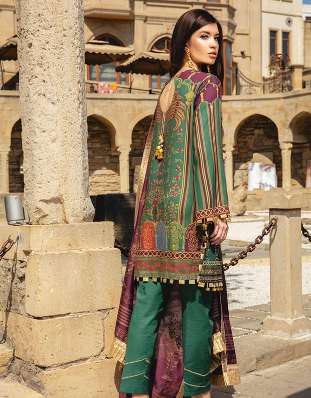 Latest Indian embroidered & printed linen dress in lavish green color