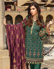 Latest Indian embroidered & printed linen dress in lavish green color # P2416