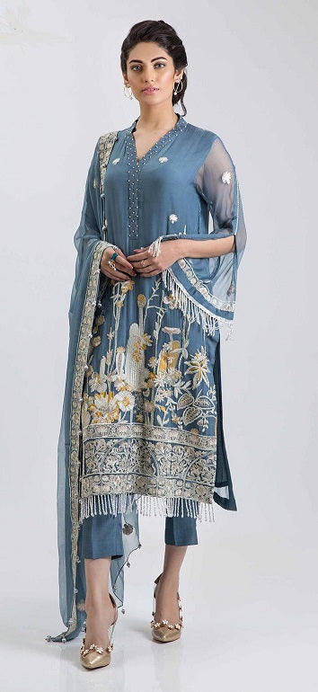 Alluring Pakistani pure chiffon dress in bluish grey color 