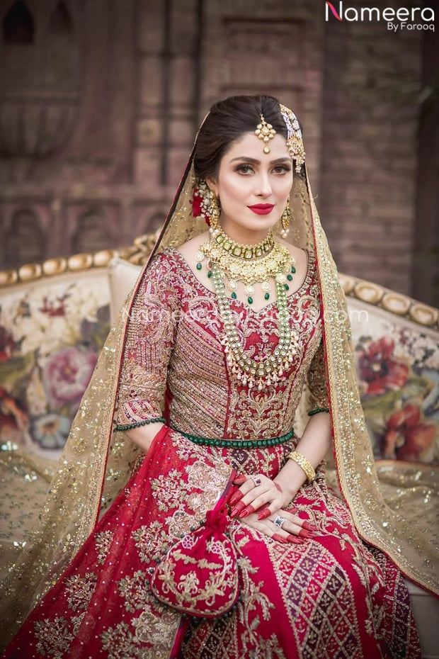 red and golden bridal lehenga