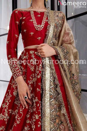 red lehenga with golden work