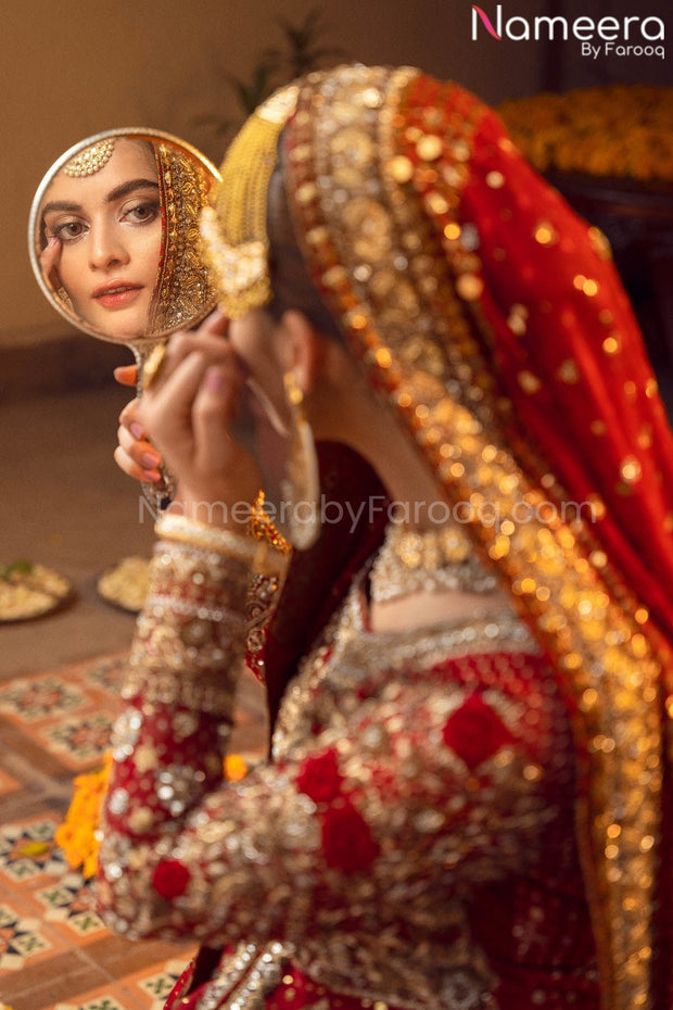 red long kameez lehenga