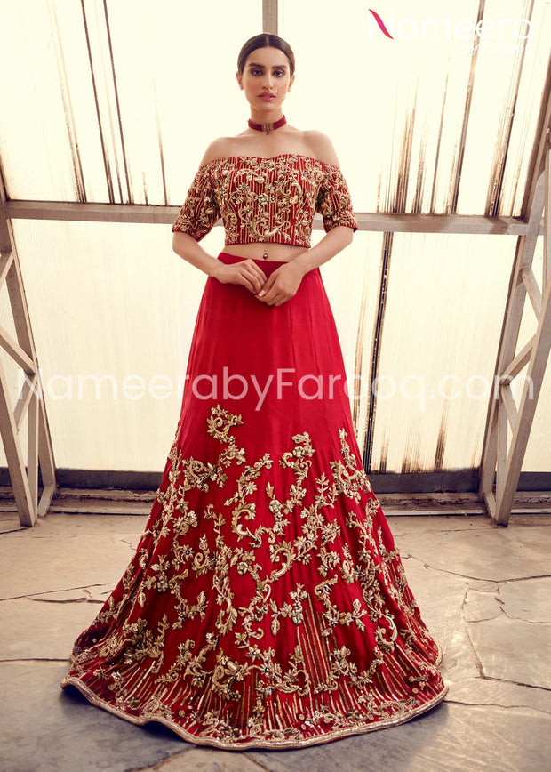 red sequin lehnga