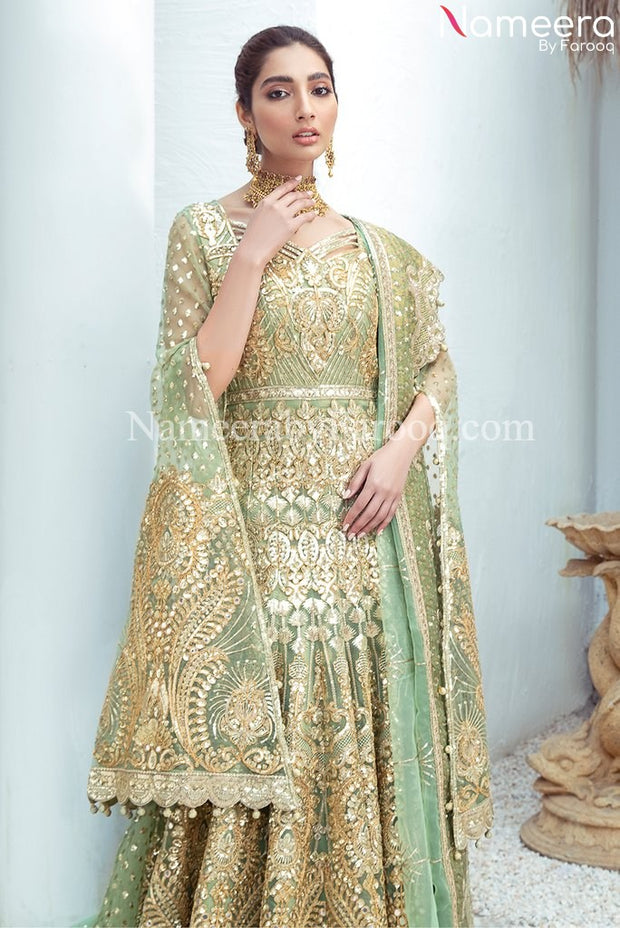 Embellished Sea Green Lehenga Gown Bridal Attire