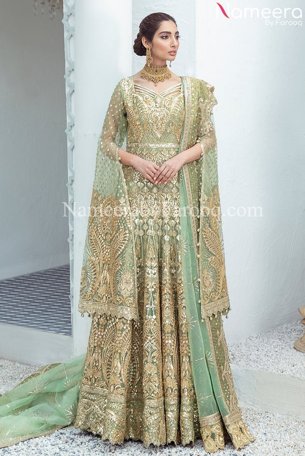 Embellished Sea Green Lehenga Gown Bridal Attire 