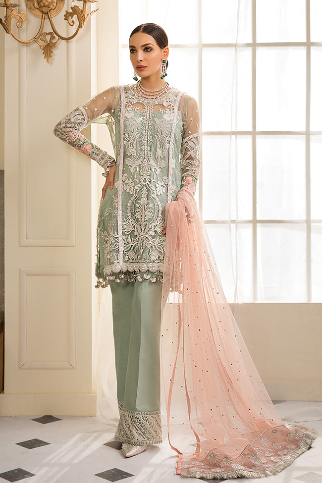 Beautiful Pakistani sequinned net dress in green color # P2328