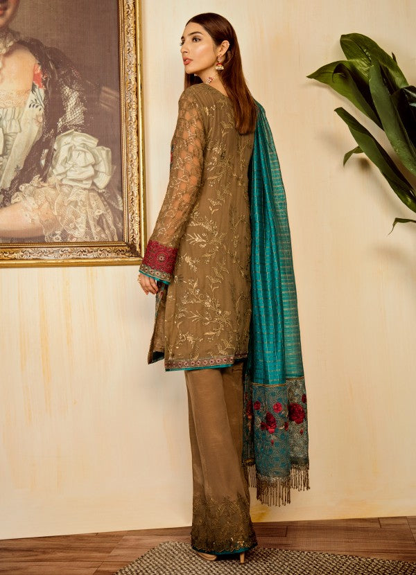 Pakistani sequins and thread embroidered outfit in moss green color # P2324