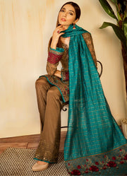 Pakistani sequins and thread embroidered outfit in moss green color # P2324