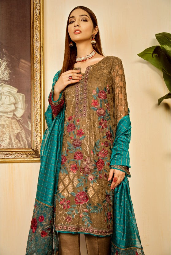 Pakistani sequins and thread embroidered outfit in moss green color # P2324