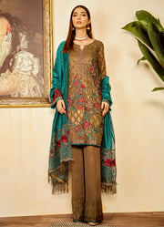 Pakistani sequins and thread embroidered outfit in moss green color # P2324