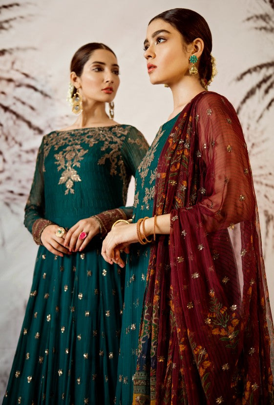 Thread and sequins embroidered frock in cobalt green color # P2320