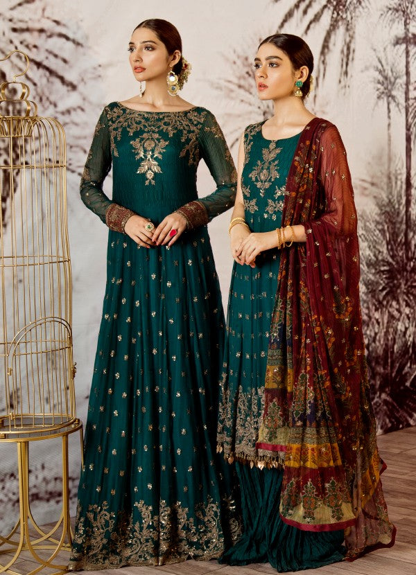 Thread and sequins embroidered frock in cobalt green color # P2320