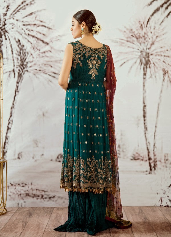 Thread and sequins embroidered frock in cobalt green color # P2320