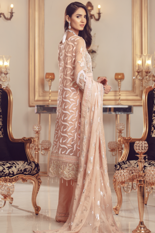 Pakistani Chiffon embroidered shalwar kameez for eid in peach color # P2489