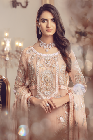 Pakistani Chiffon embroidered shalwar kameez for eid in peach color # P2489