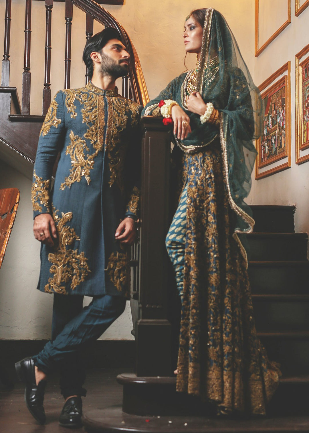 Teal organza bridal dress with designer groom sherwani Nameera by Farooq