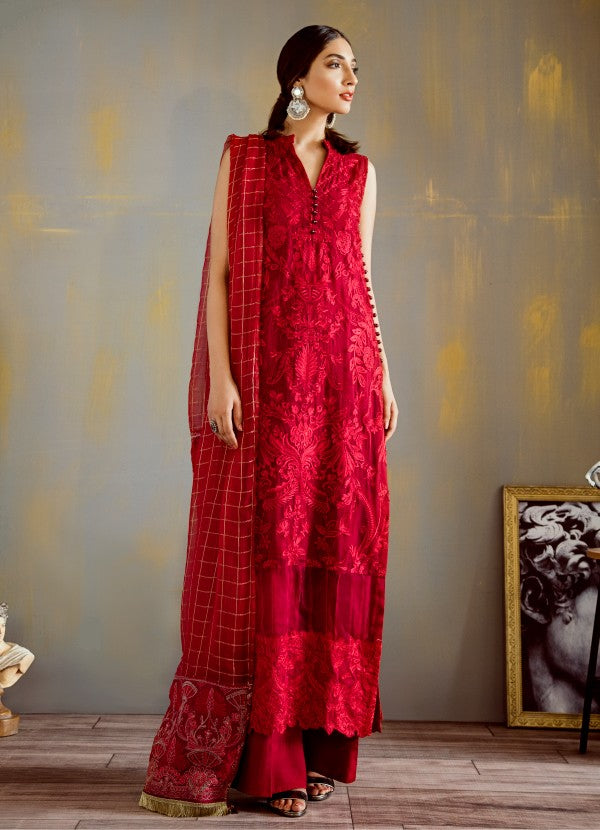Thread embroidered chiffon dress in elegant red color MEDIUM Thread embroidered chiffon dress in elegant red color MEDIUM