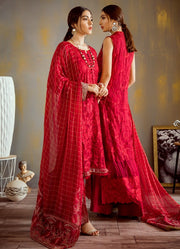 Designer thread embroidered chiffon dress in elegant red color # P2317