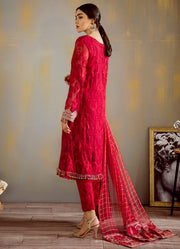 Designer thread embroidered chiffon dress in elegant red color # P2317