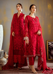 Designer thread embroidered chiffon dress in elegant red color # P2317