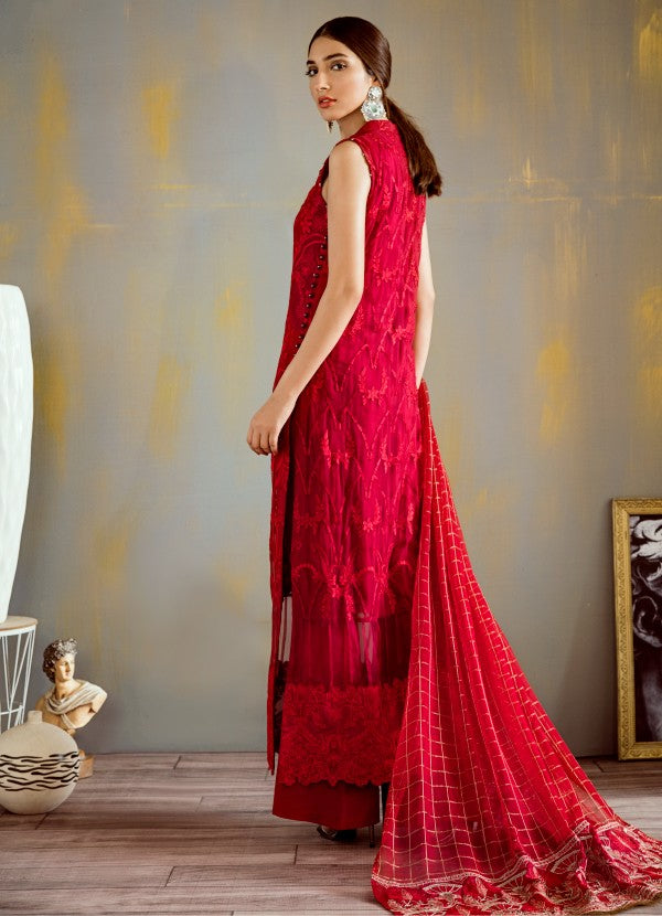Designer thread embroidered chiffon dress in elegant red color # P2317