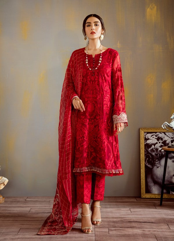 Thread embroidered chiffon dress in elegant red color Nameera by Farooq Thread embroidered chiffon dress in elegant red color Nameera by Farooq