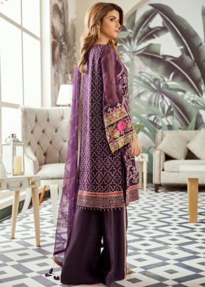 Latest Pakistani thread embroidered chiffon outfit in purple color # P2424