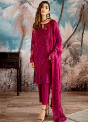 Beautiful thread embroidered chiffon outfit in carmine color