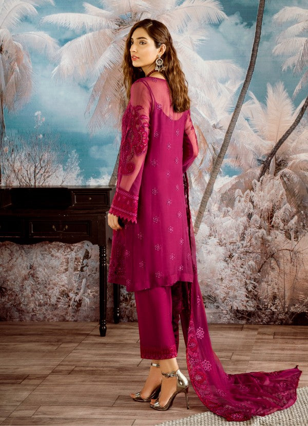 Beautiful thread embroidered chiffon outfit in carmine color # P2319