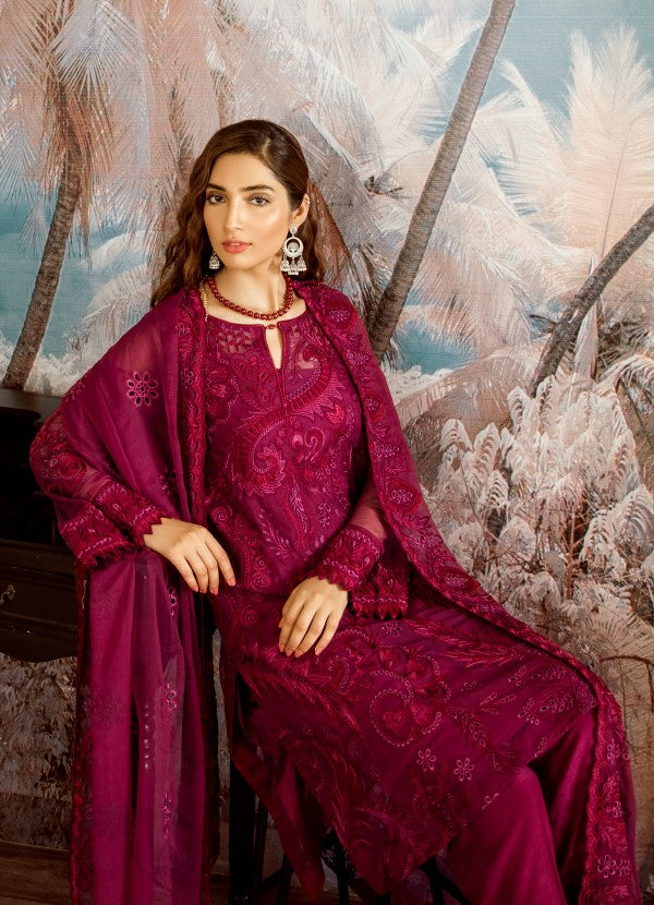 Beautiful thread embroidered chiffon outfit in carmine color # P2319
