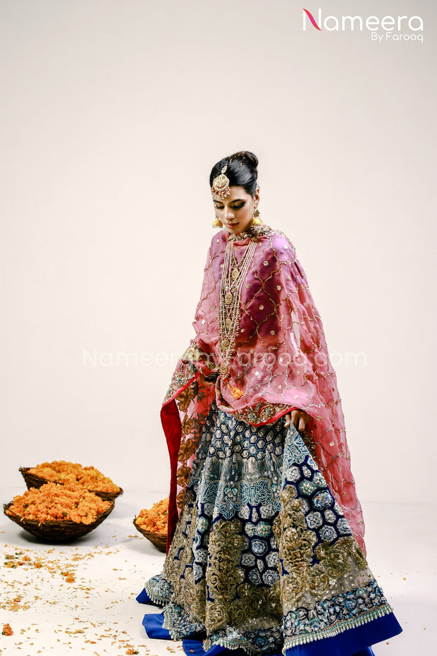 Latest Pakistani Mehndi Lehenga Dress in Royal Blue color