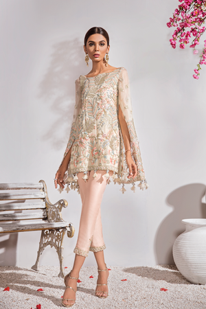 Traditional Pakistani wedding dress embroidered in peach color 