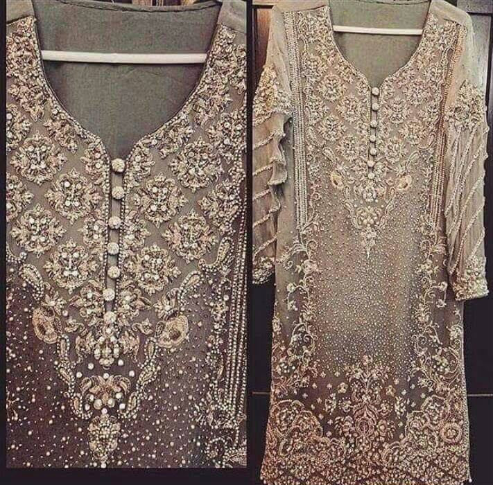 Pakistani Wedding Party Dress Made With Krinkle chiffon Pearls,Nagh,Dabka & Threads