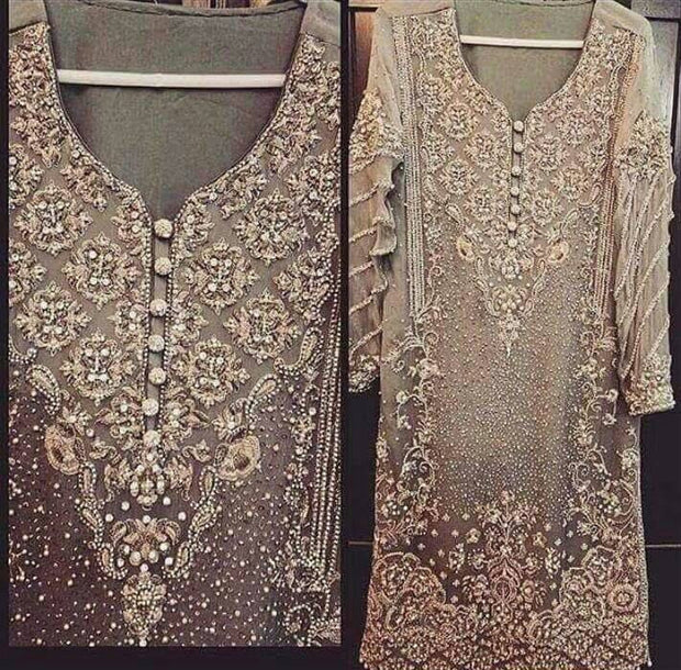 Pakistani Wedding Party Dress Made With Krinkle chiffon Pearls,Nagh,Dabka & Threads