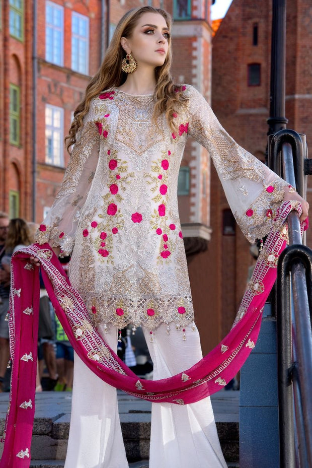 White sequins embroidered dress with pink dupatta in USA Nameera by Farooq White sequins embroidered dress with pink dupatta in USA Nameera by Farooq