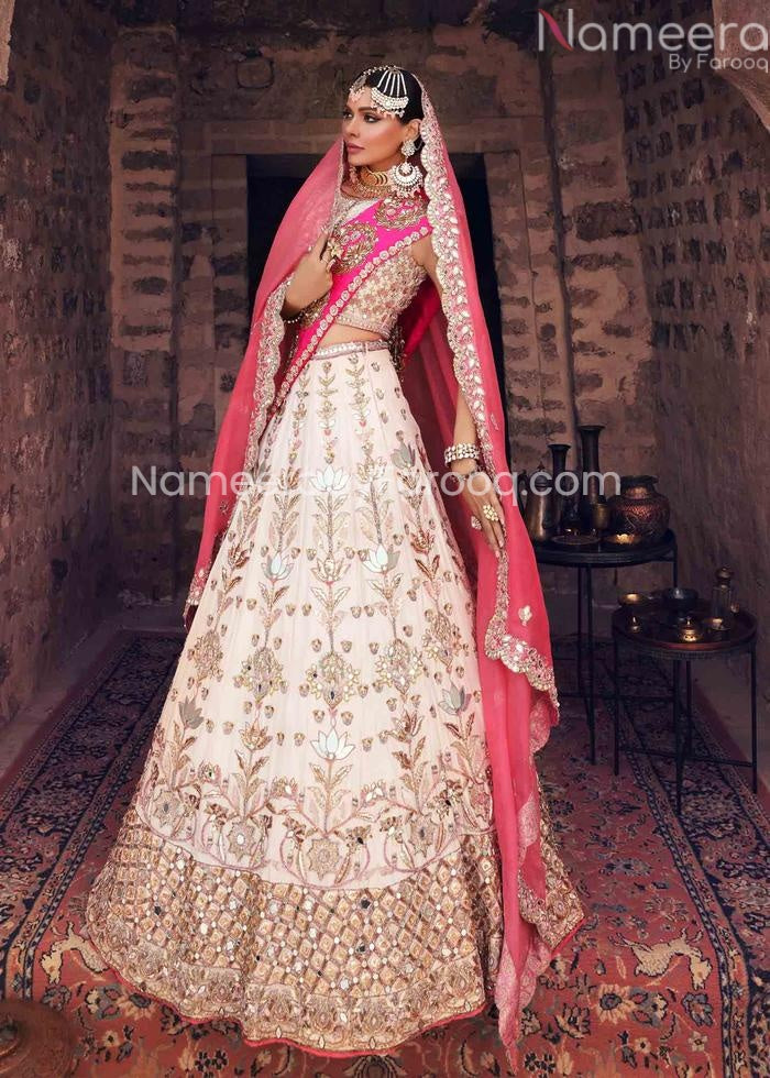 Indian Wedding Pink And White Lehenga Dress Pakistani Premium Embriodered Pink And White Lehenga Choli Nameera By Farooq Indian Wedding Pink And White Lehenga Dress Pakistani Premium Embriodered Pink And White Lehenga Choli Nameera By Farooq