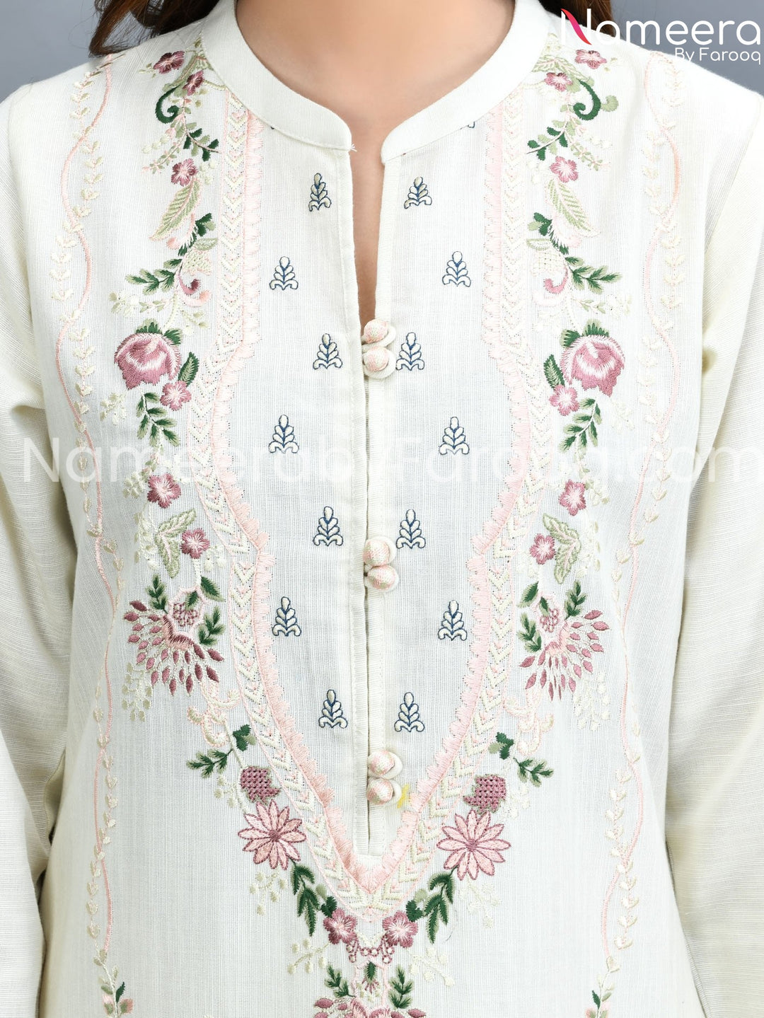 white khaddar dress  embrioded