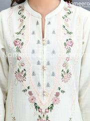 white khaddar dress  embrioded