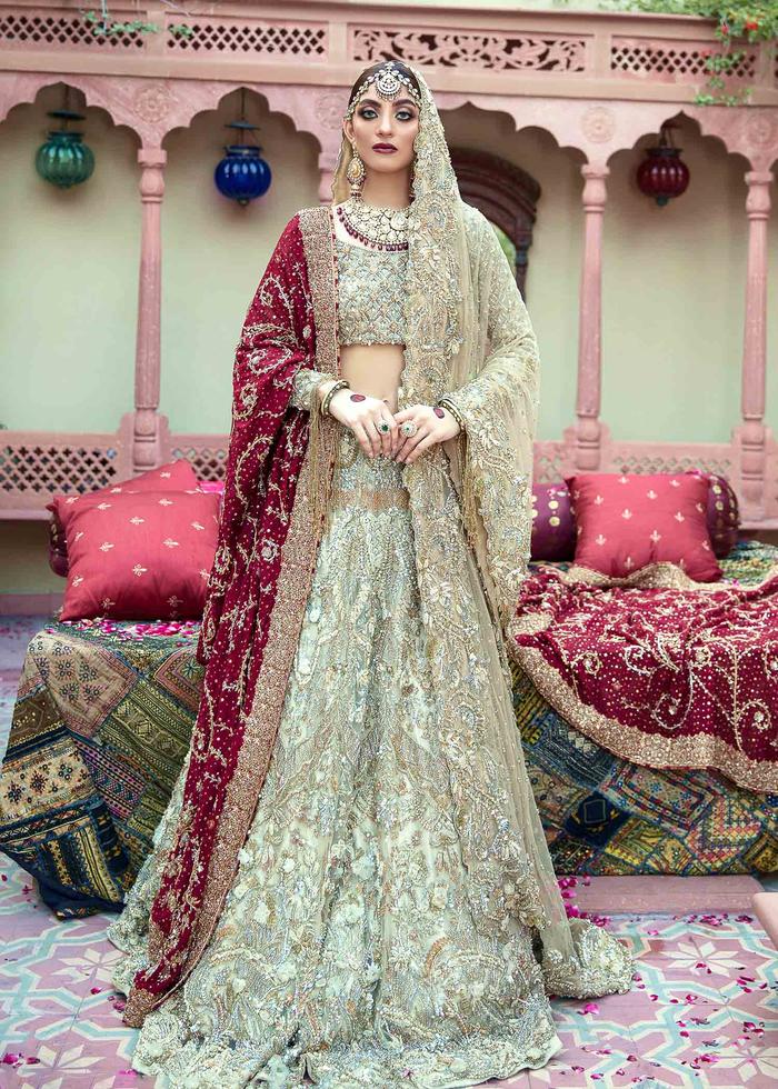Embellished Zardozi Worked White Lehenga with Red Dupatta
