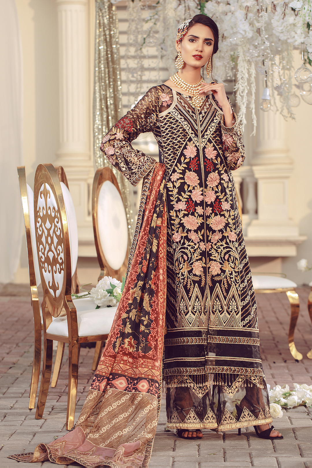 Women Formal Eid Dress Embellished with Organza Borders LARGE Women Formal Eid Dress Embellished with Organza Borders LARGE
